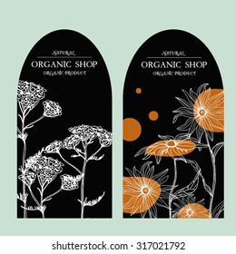 Vector template labels with hand-draw wild flowers and herbs. Layout/ Mockup design for beauty salon, spa, cosmetics, store, label, natural and organic products