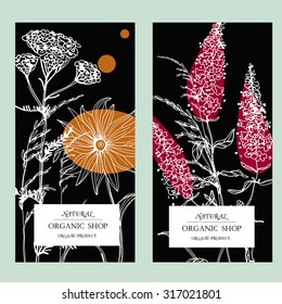 Vector template labels with hand-draw wild flowers and herbs. Layout/ Mockup design for beauty salon, spa, cosmetics, store, label, natural and organic products