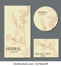 Vector template Labels with hand-draw wild flowers and herbs. Layout/ Mockup design for beauty salon, spa, cosmetics, store, label, natural and organic products