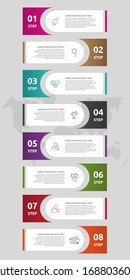 infografías de etiquetas de plantillas de vectores. Concepto de negocio con 8 opciones y etiquetas. Ocho pasos para gráficos, diagramas y presentación de diapositivas