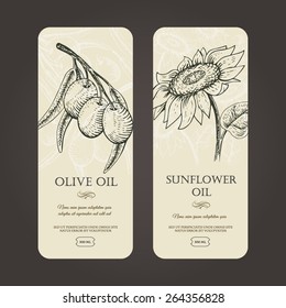 Vector template labels for olive and sunflowers oils. Woodcut style.