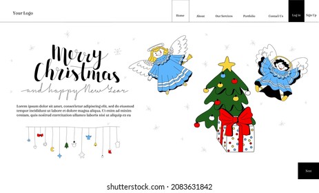 Vector template, landing page layout, website homepage with buttons and design. Painted flying, happy angels, gift boxes, Christmas tree, Merry Christmas lettering and happy New Year, garland.