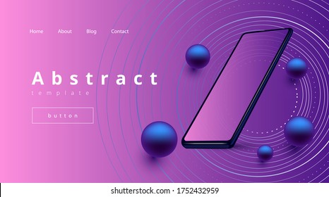 vector template for a landing page in lilac tones with a mobile phone and geometric shapes