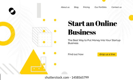 Vector template for landing page. Web concept with universal abstract shapes and elements composition, website text. Design and development, app, responsive, programming, seo, maintenance, banner