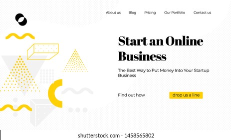 Vector template for landing page. Web concept with universal abstract shapes and elements composition, website text. Design and development, app, responsive, programming, seo, maintenance, banner