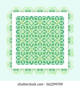 Vector template for laser cutting. Can be used as invitation, envelope, greeting card. Paper craft silhouette. Openwork square frame with hearts for St. Patrick's Day with ornament clover