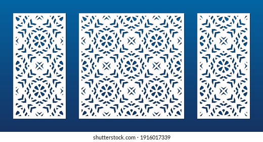 Vektorvorlage zum Laserschneiden, Schneiden, Arbeiten. Elegantes Laserschnitt mit geometrischen Ornamenten im orientalischen Stil. Dekorative Schablone für Holzschnitt, Papierkarte, Metall. Seitenverhältnis 1:1, 1:2
