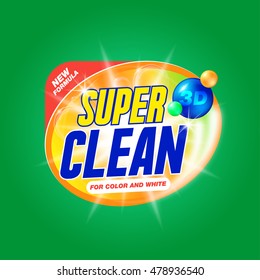 Vector template for laundry detergent with orange label and "super clean" inscription. Package design for Washing Powder & Liquid Detergents. Cleaning service