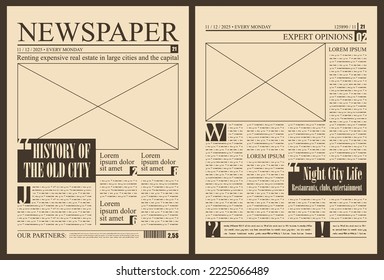 Vector template for the layout of the newspaper. Newspaper columns with unreadable text, headlines and place for illustrations