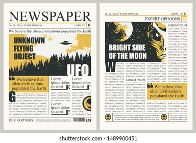 Vector template for the layout of the newspaper on the subject of UFOs. Newspaper columns with unreadable text, headlines and illustrations on the theme of extraterrestrial civilizations, alien, UFO