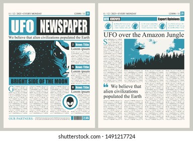 Vector template for the layout of the newspaper on the subject of UFOs. Newspaper columns with unreadable text, headlines and illustrations on the theme of extraterrestrial civilizations, alien, UFO