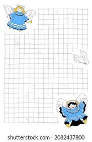 Vector template, the layout of a notebook page, an A6 notebook in an uneven, drawn square. Funny, cute, kind angels flying on wings with a flute, dove, are depicted. The concept of religion, Christmas