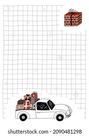 Vector template, the layout of a notebook page, an A6 notebook in an uneven, drawn square. Trailer with a truck loaded with various gifts are depicted. The concept of religion, Christmas, New Year.