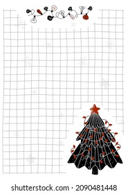 Vector template, the layout of a notebook page, an A6 notebook in an uneven, drawn square. Christmas tree with toys, balloons, garlands are depicted. The concept of religion, Christmas, New Year.