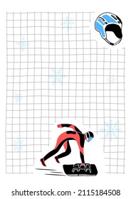 Vector template, the layout of a notebook page, an A6 notebook in an uneven, drawn square. A skeleton athlete with sled is depicted. Concept winter sports.