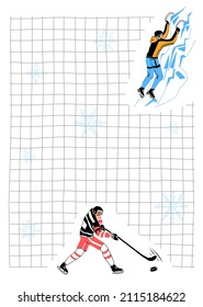 Vector template, the layout of a notebook page, an A6 notebook in an uneven, drawn square. A hockey player scoring puck and ice climber climbing ice mountain are depicted.