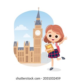 Vector template for Learning English classes. School girl with book waving with hand with London image on backdrop. England well-known landmarks, Big Ben and the Houses of Parliament  on background.  