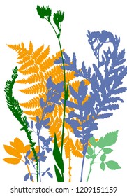 Vector template with leaves and plants silhouettes, floral background