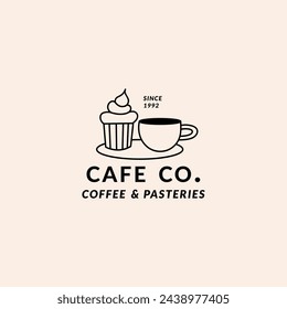 Vector template linear logo for bakery, cafe, cupcake shop, pastries. Emblem with cupcake and coffee mug