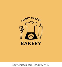 Vector template linear logo for bakery, cafe, cupcake shop, pastries. Emblem with female chief-cooker and bakery equipment