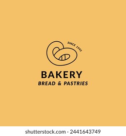 Vector template linear logo for bakery, cafe, cupcake shop, pastries. Emblem with pretzel