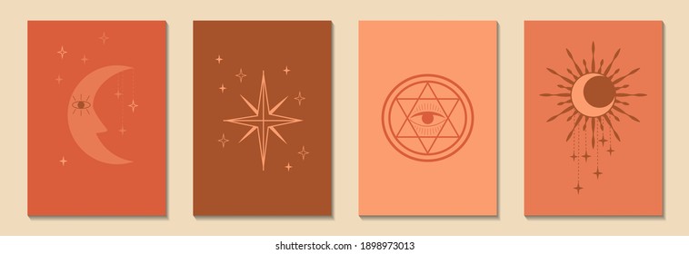 Vector template of linear logos or emblems in mystery boho style. Minimalistic logo design, symbol for print, social networks, t-shirts, postcards.