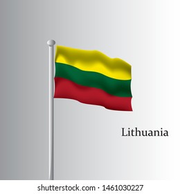 Vector template of LIthuania flag on metallic pole. Waving flag of Lithuania on flagstaff- country symbol. Isolated illustration on white background.