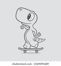 Vector template little dinosaur cartoon character skateboarding. On a gray background.