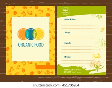 Vector template logo for agriculture, horticulture. Image of three circles that resemble plates, intersection trees and leaves. Menu for vegetarian organic food business.