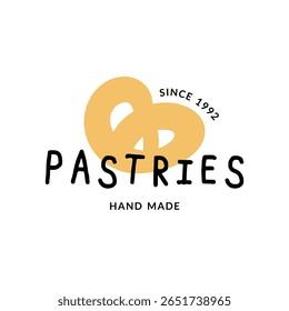 Logotipo de modelo vetorial para padaria, café, loja de cupcake, pastelaria. Emblema com silhueta de um pretzel.