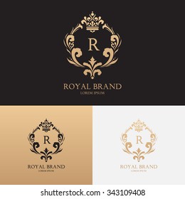 Vector template of logo of boutique brand with crown and floral ornament. Logotype for uses in different spheres. Fashion, royalty, premium symbol.