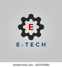 Vector template logo gear. Icon of high-tech equipment with Letter E initial