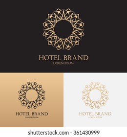 Vector template of logo of hotel brand with floral ornament. Symbol for uses in different spheres. Fashion, royalty, premium, hotel, boutique label.