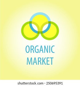 Vector template logo. Organic products. Image of three circles reminiscent of the plate. Shades of yellow, blue and green