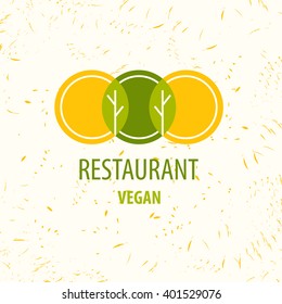 Vector template logo. Restaurant logo. Vegan restaurant.  Image of three circles that resemble plates, at their intersection trees and leaves. Shades of yellow and green.