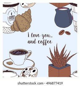 Vector template of love card with coffee cup, muffin, croissants, cream, glasses, spoon, milk and flower. Colorful concept with place for your text easily editable.