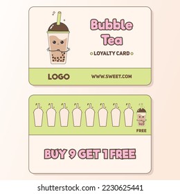 Vector template for a loyalty card. Vip card for coffee shop customers. Each serving of 9 bubbly teas for free. Kawaii style card with a cute tea cup character with a smile for promotions.