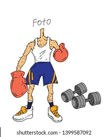 Vector template with man for photo. Athlete stand for photos. Funny, comical athlete in Boxing gloves, with dumbbells. A caricature of a human figure. Caricature of boxer. Tantamareski