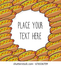 Vector template with many hot dogs for  fast food business. Isometric cartoon style with text.