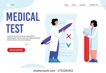 Plantilla vectorial para una página de análisis médico para el diseño web. Cifras de doctores con antecedentes blancos. Ilustración vectorial plana.