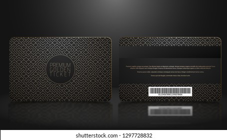 Vector Template Of Membership Or Loyalty Black VIP Card With Luxury Golden Geometric Pattern. Front And Back Design Presentation. Premium Member, Gift Plastic Card