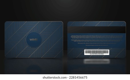 Plantilla vectorial de membresía o tarjeta VIP de oro azul fidelidad con patrón de chevron geométrico de lujo dorado. Presentación de diseño frontal y posterior. Miembro premium, tarjeta de plástico regalo, fondo de zag zig