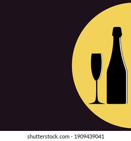 Plantilla vectorial para menú, afiche publicitario, banner con botella de champán y copa de vino. 