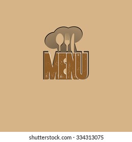 Vector template menu with chocolate-colored stencil fork, spoon, knife and chef hat.