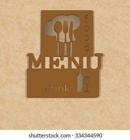 Vector template menu with chocolate-colored stencil fork, spoon, knife and chef hat.