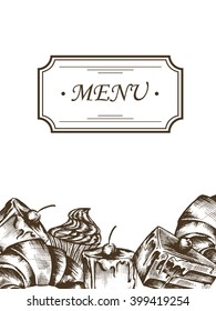 vector template menu design illustration with cake in retro style sketch