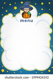 vector template menu list for a restaurant with a halloween feel with an image of a witch in the middle above and below it white clouds to write a menu list