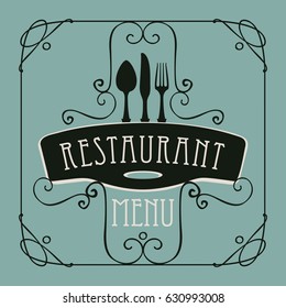 vector template menu for restaurant with Cutlery and curlicues in Baroque style on the emerald background