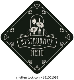 vector template menu for restaurant with Cutlery in hands and curlicues in the Baroque style on a black background in the shape of a rhombus
