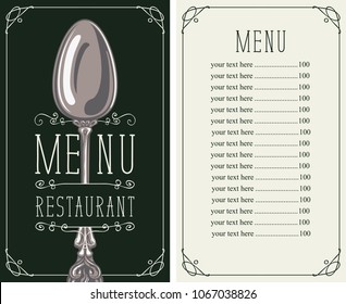 Vector template menu for restaurant with price list and realistic spoon in figured frame with curls in retro style